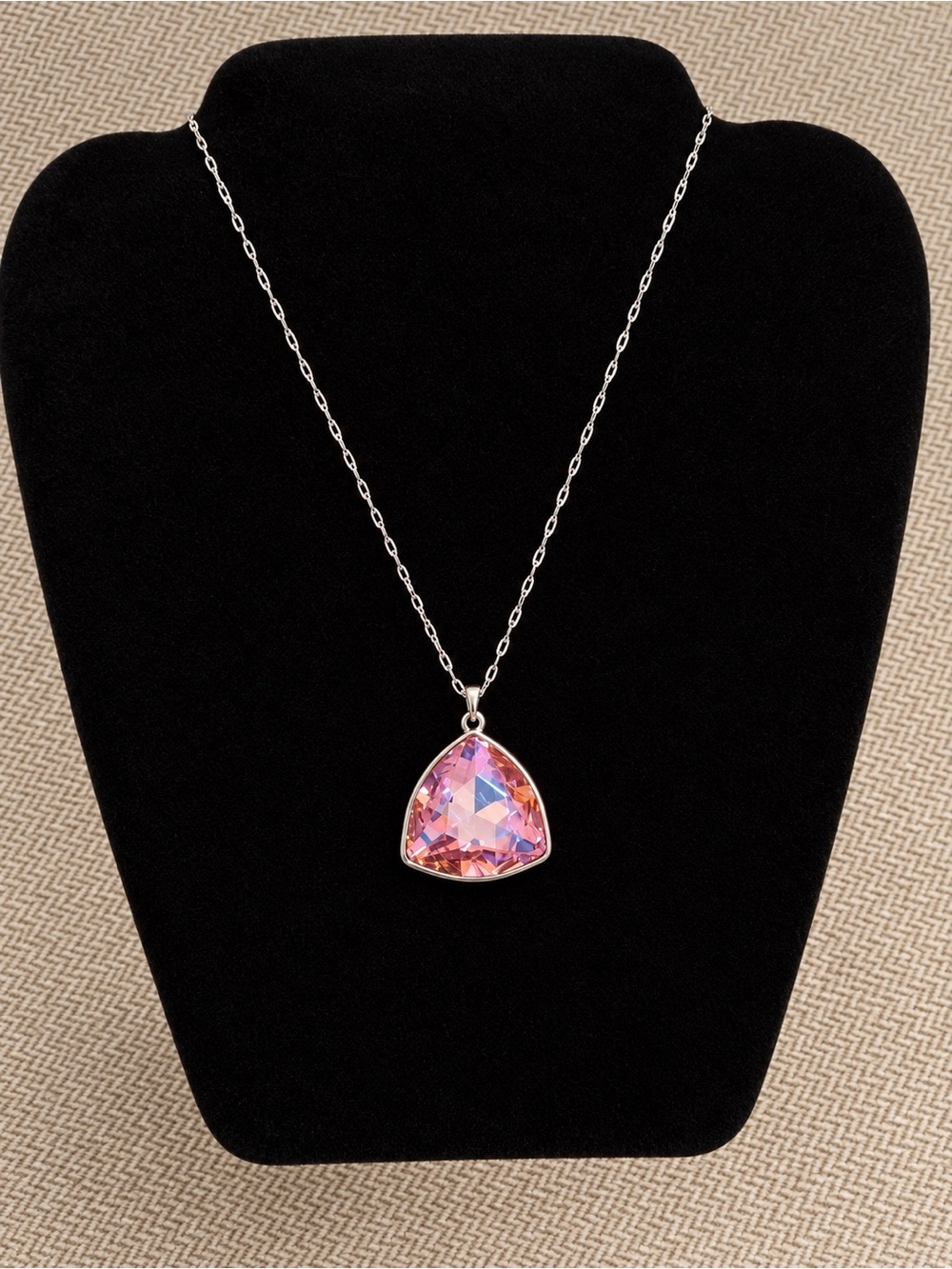 Pink Iridescent Crystal Pendant Necklace Silver Tone Adjustable Chain